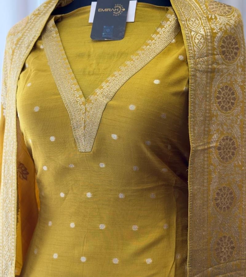 Elegant Mustard Banarasi Silk Salwar Suit  - Jet Black