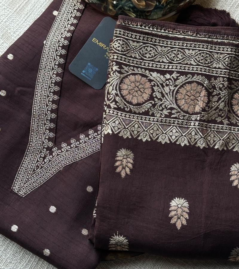 Rich Chocolate Brown Banarasi Silk Salwar Suit - Jet Black