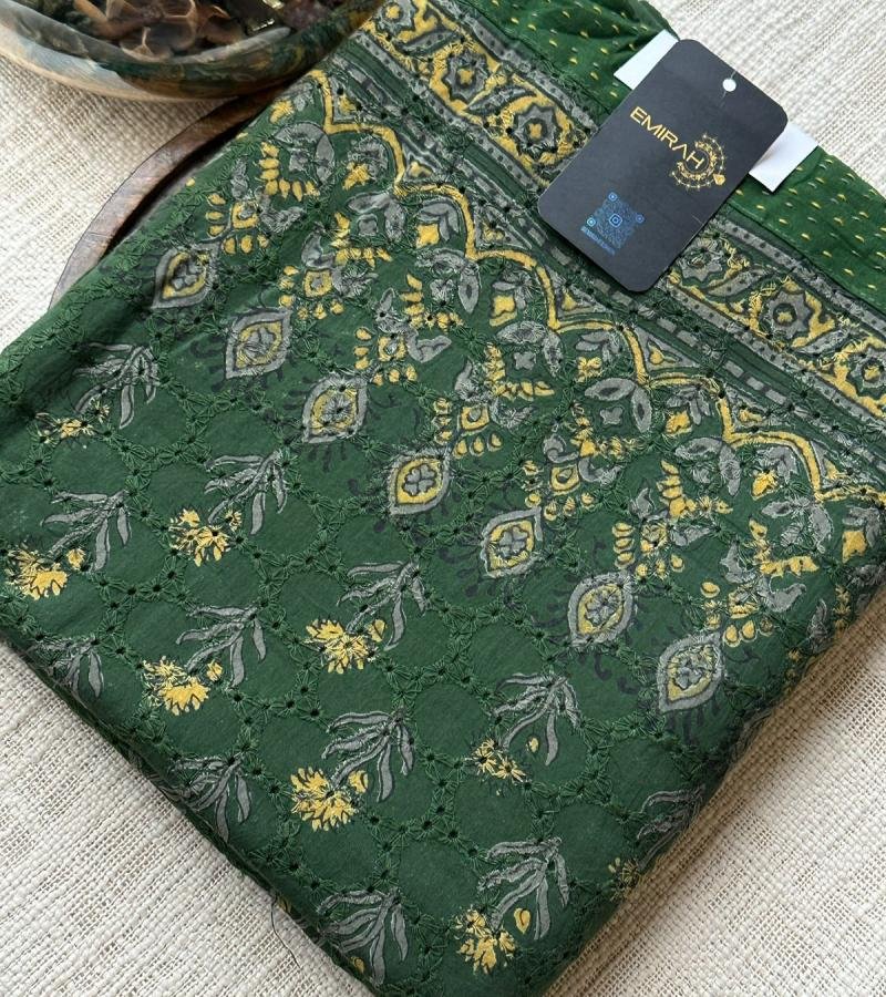 Hakoba Cotton Suit with Floral Print and Stripe Detailing - Gold