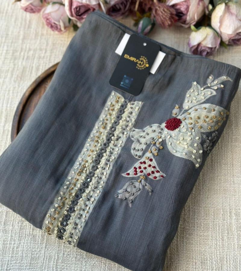 Sophisticated Charcoal Jamdani Chanderi Suit - Emerald Green