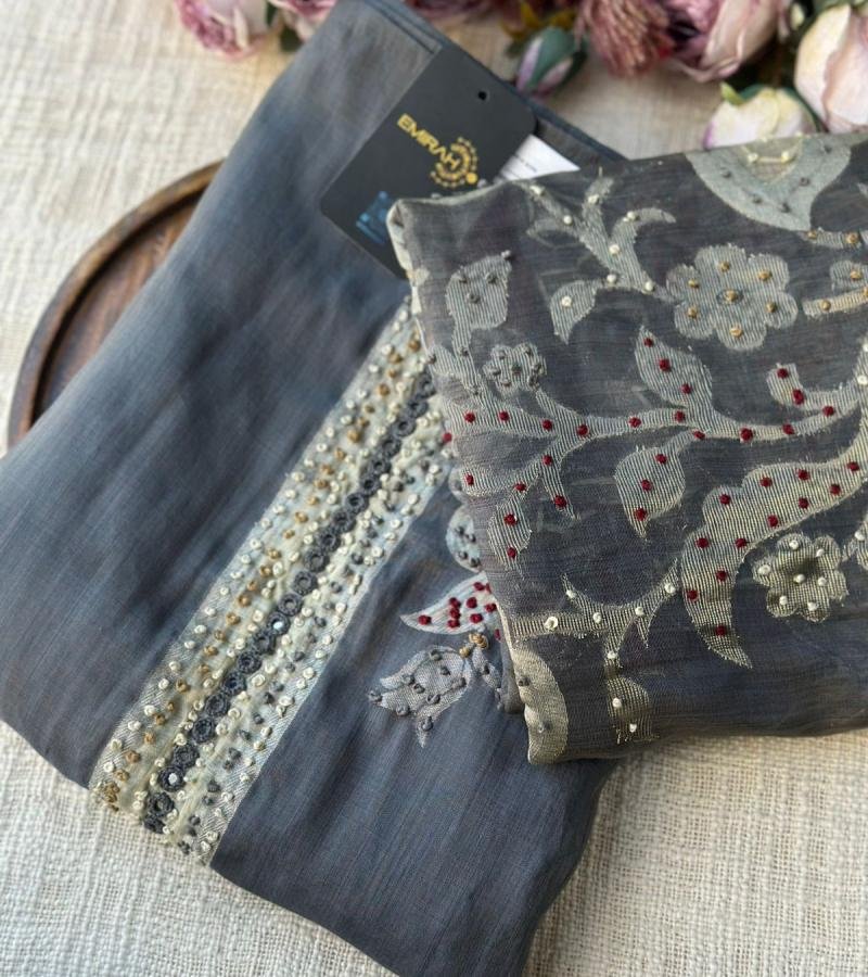 Sophisticated Charcoal Jamdani Chanderi Suit - Emerald Green