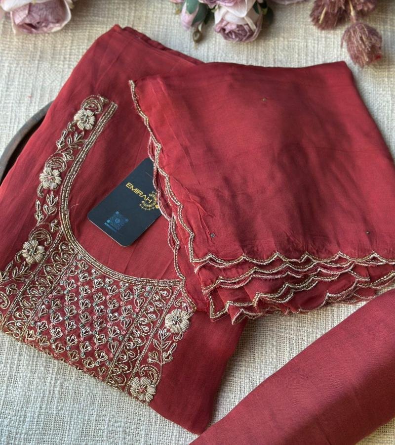 Radiant Crimson Embroidered Organza Suit - Gold