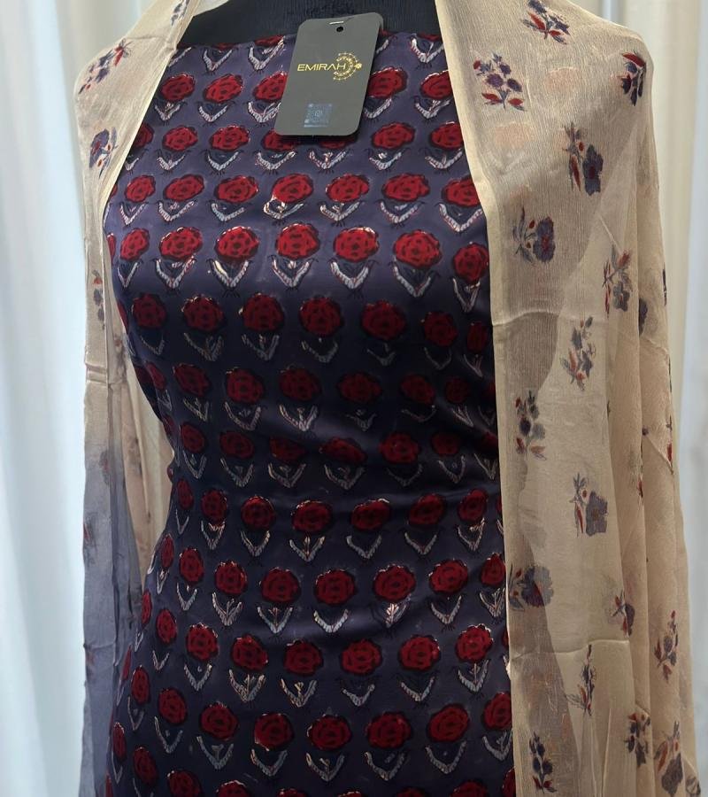 Graceful Modal Silk Block-Print Suit - Ruby Red