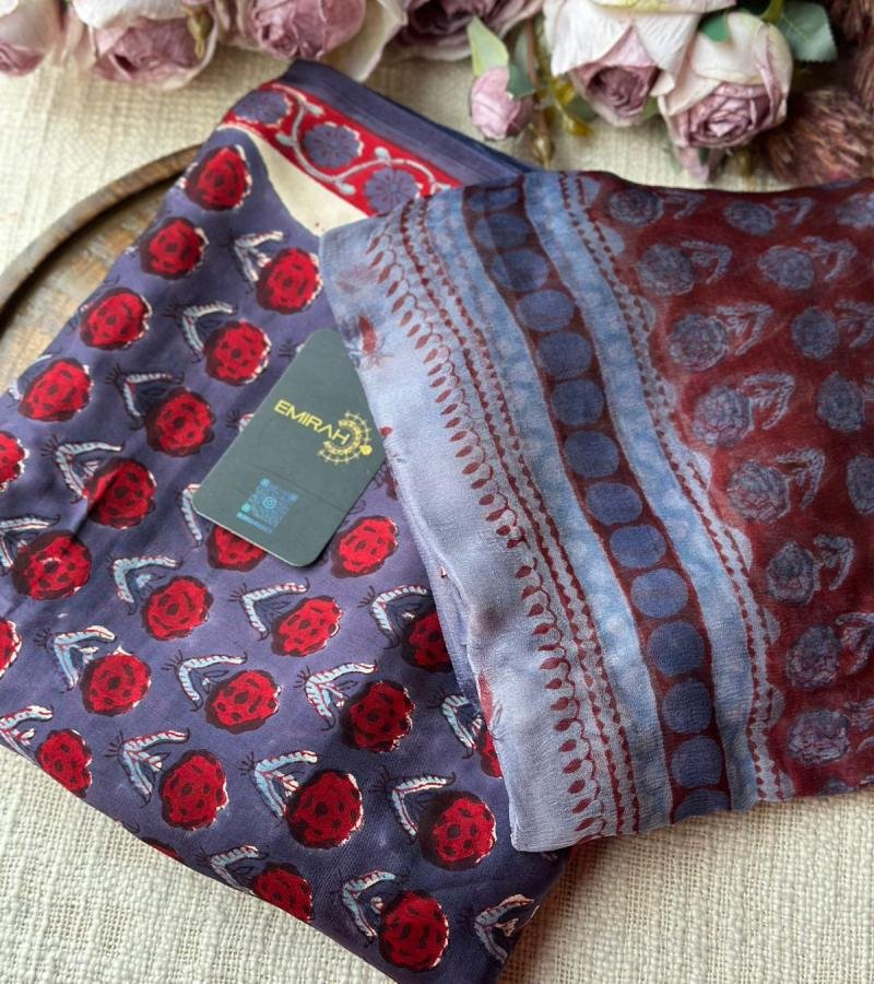 Graceful Modal Silk Block-Print Suit - Ruby Red