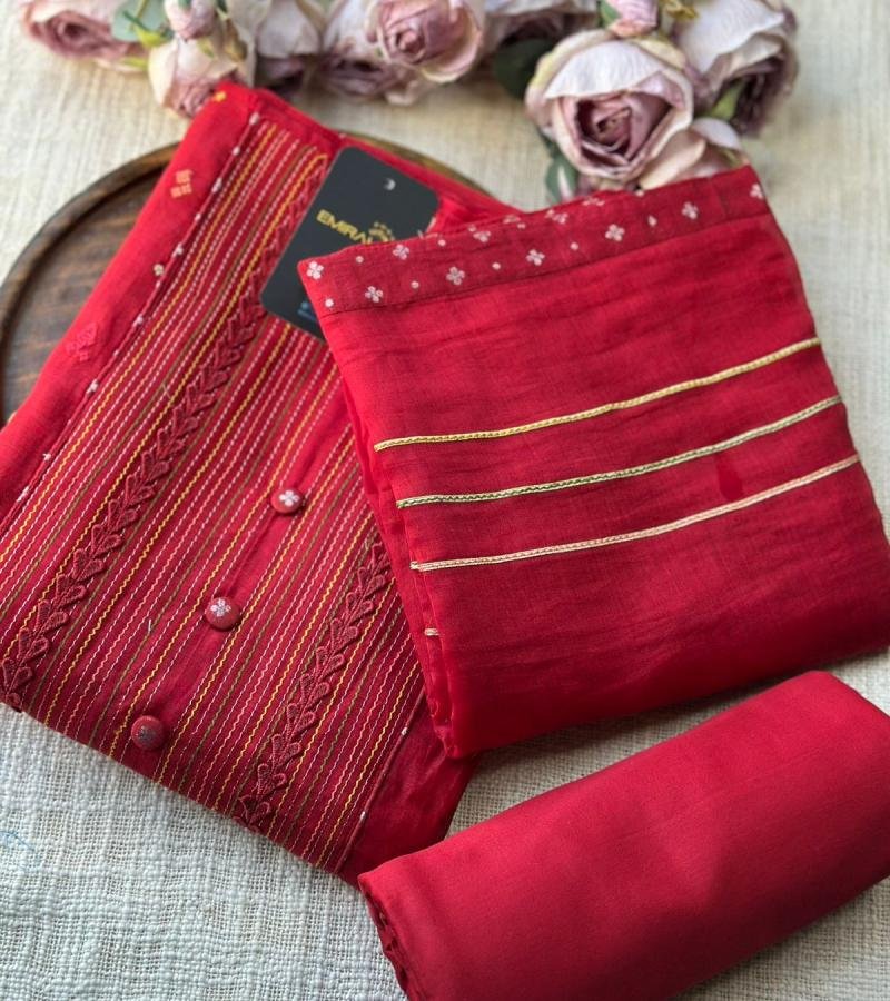 Elaborate Embroidered Mul Chanderi Suit - Gold