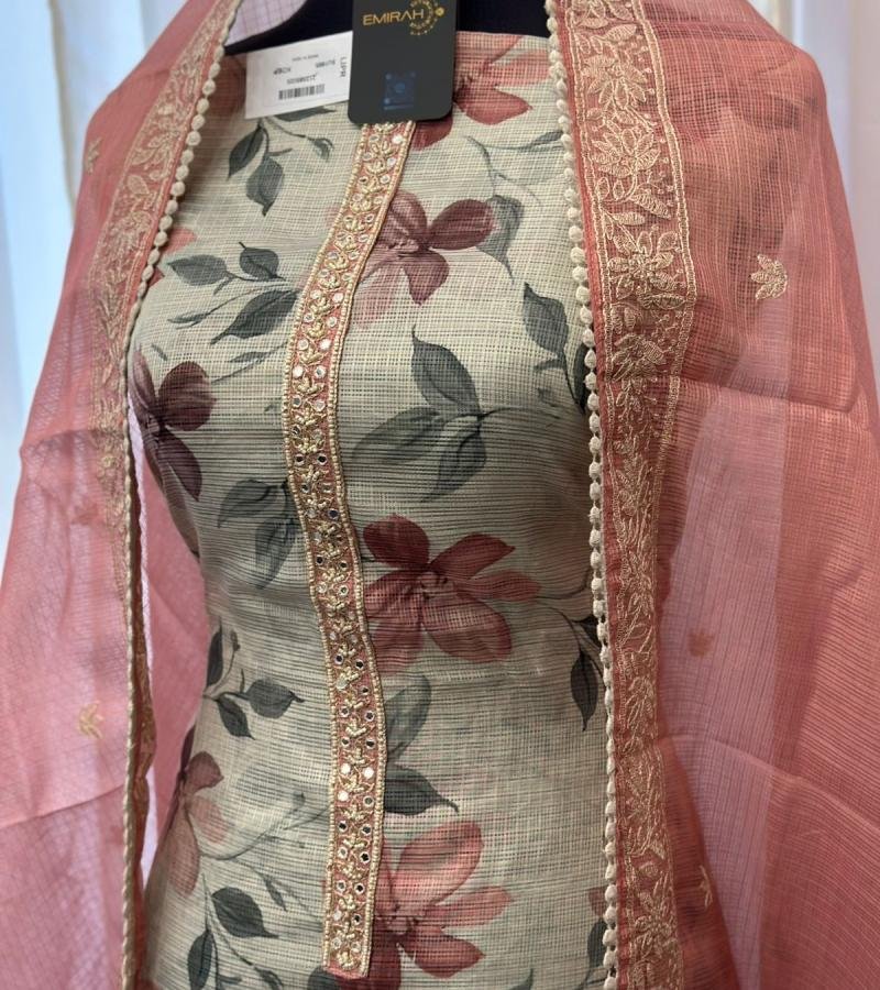 Graceful Kota Silk Suit with Floral Dupatta - Gold