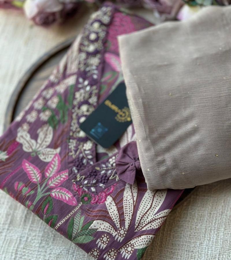 Elegant Floral Cotton Suit - Ruby Red