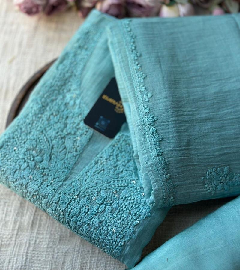 Elegant Embroidered Mul Chanderi Suit - Emerald Green
