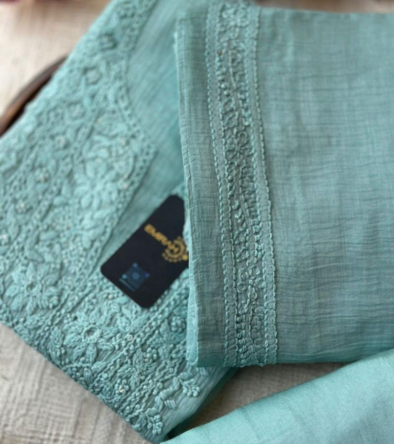 Elegant Embroidered Mul Chanderi Suit - Emerald Green
