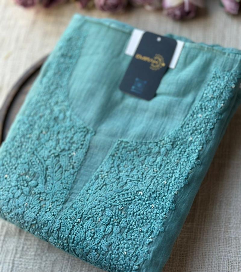 Elegant Embroidered Mul Chanderi Suit - Emerald Green