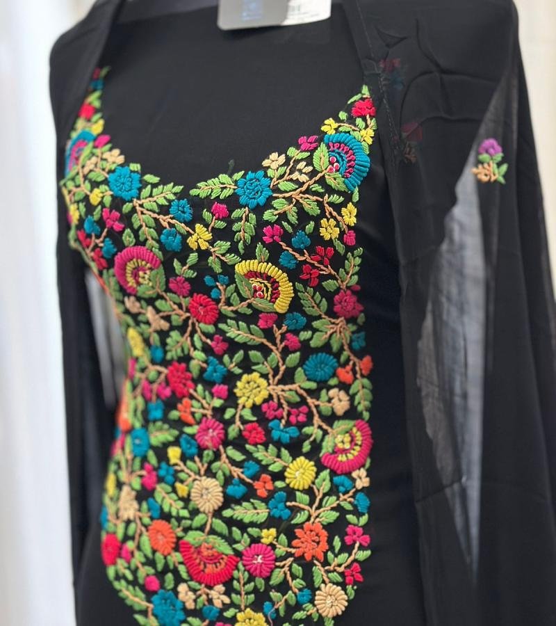 Elegant Floral Embroidered Georgette Suit - Charcoal Grey