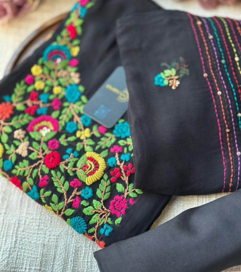 Elegant Floral Embroidered Georgette Suit - Charcoal Grey