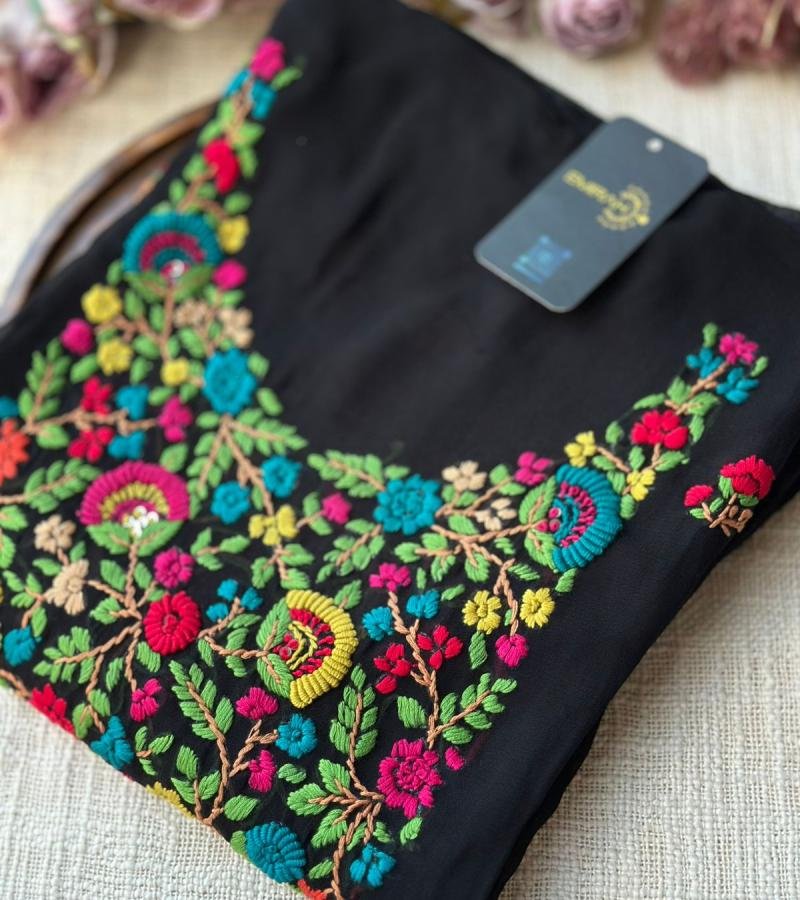 Elegant Floral Embroidered Georgette Suit - Charcoal Grey
