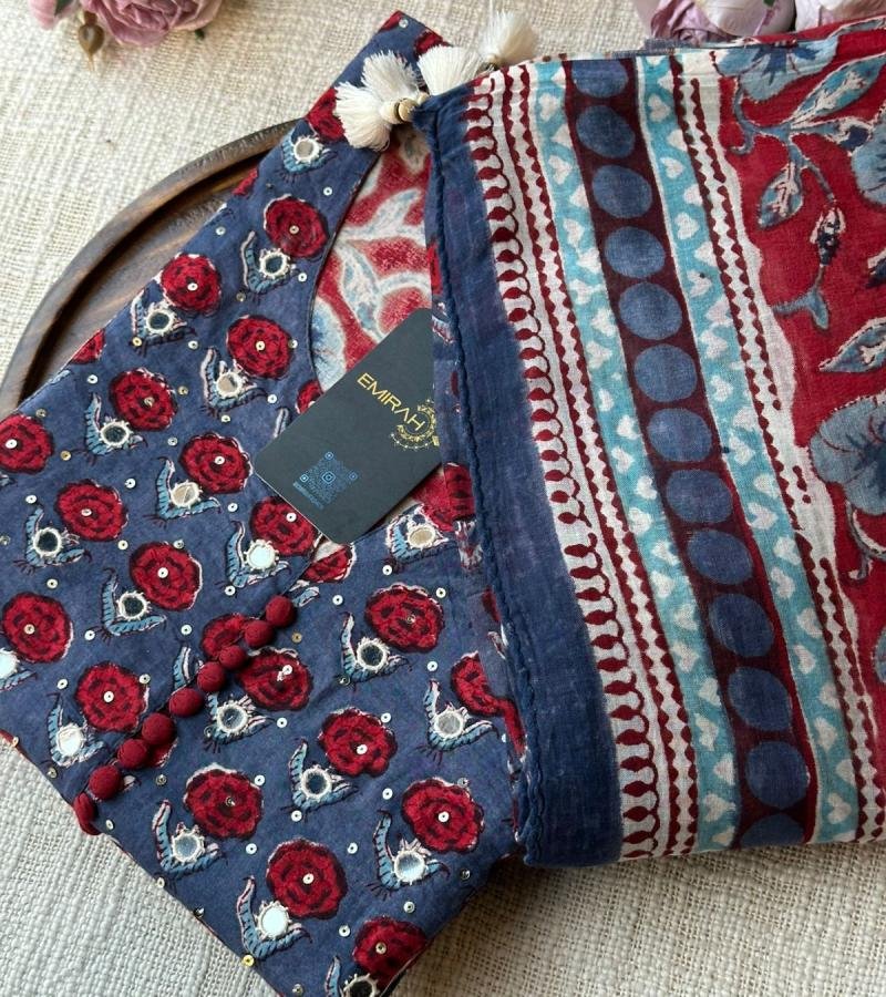 Floral Block Print Suit with Statement Dupatta - Ruby Red