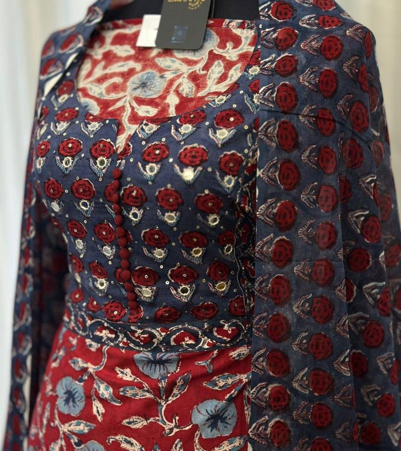 Floral Block Print Suit with Statement Dupatta - Ruby Red