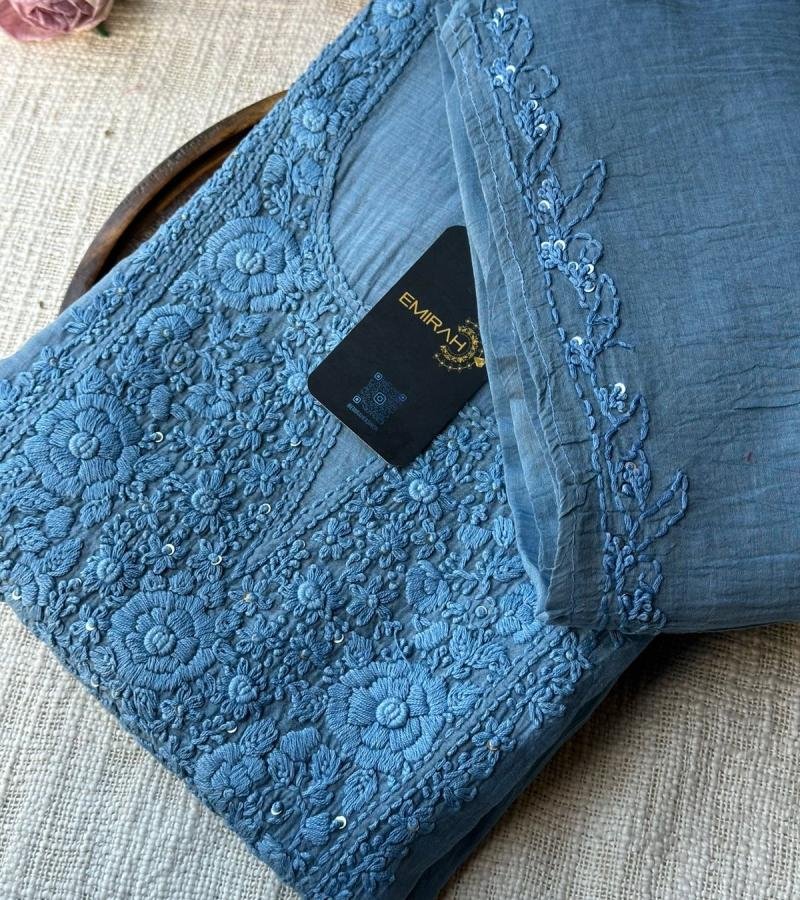 Title: Elegant Powder Blue Mul Chanderi Suit with Intricate Embroidery - Silver