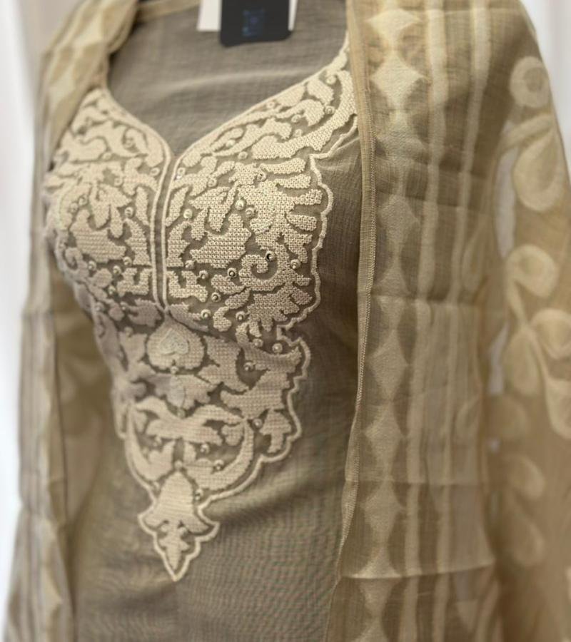 Graceful Beige Chanderi Jamdani Suit with Intricate Embroidery - Silver