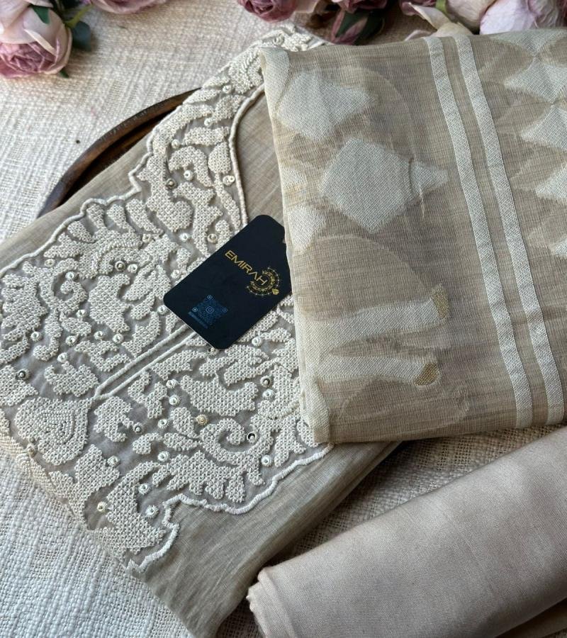 Graceful Beige Chanderi Jamdani Suit with Intricate Embroidery - Silver
