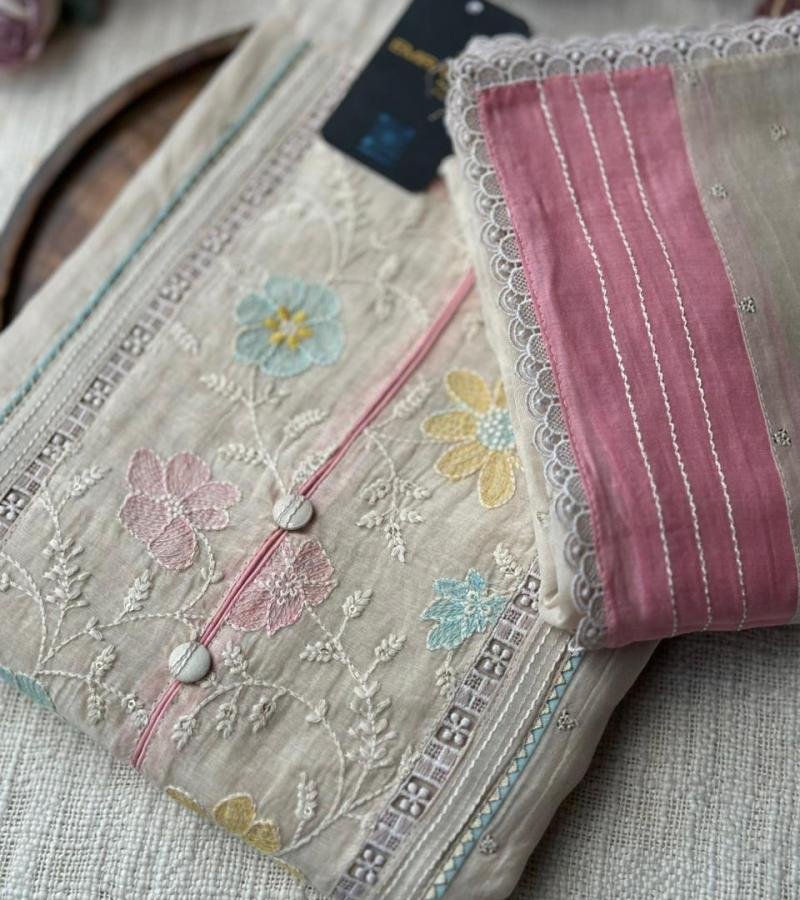  Pastel Charm Mul Chanderi Suit with Delicate Floral Embroidery - Gold