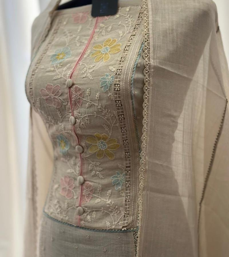  Pastel Charm Mul Chanderi Suit with Delicate Floral Embroidery - Gold