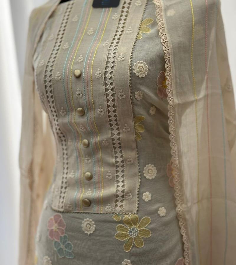 Subtle Ivory Mul Chanderi Suit with Pastel Thread Detailing - Royal Blue