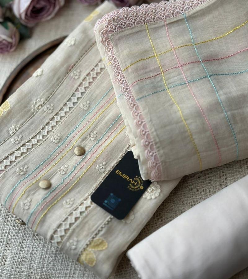 Subtle Ivory Mul Chanderi Suit with Pastel Thread Detailing - Royal Blue
