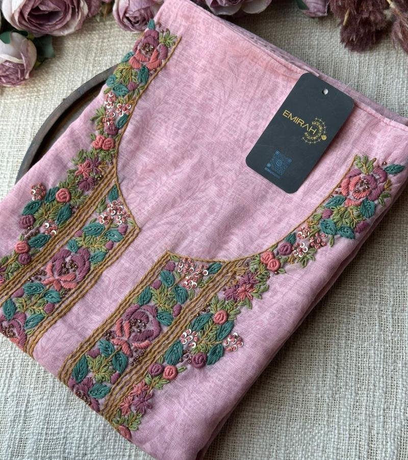 Graceful Pink Semi Linen Suit with Floral Embroidered Neckline - Ruby Red