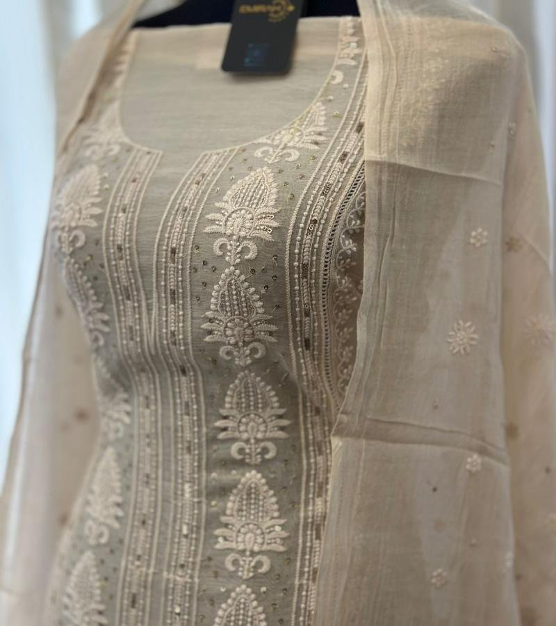 Graceful Ivory Mul Chanderi Suit - Emerald Green