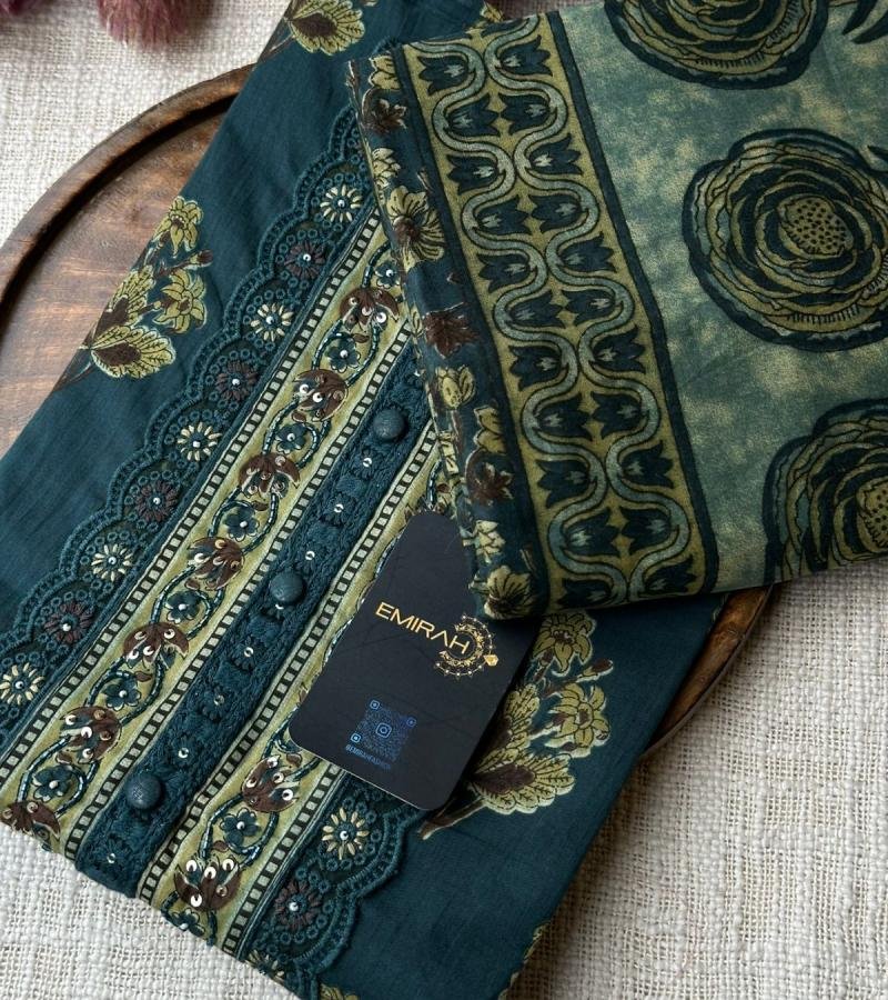 Elegant Floral Cotton Suit Set - Emerald Green