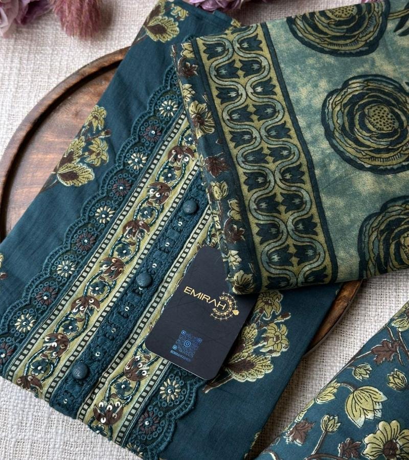 Elegant Floral Cotton Suit Set - Emerald Green