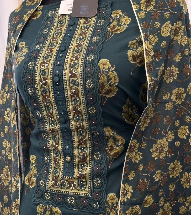 Elegant Floral Cotton Suit Set - Emerald Green