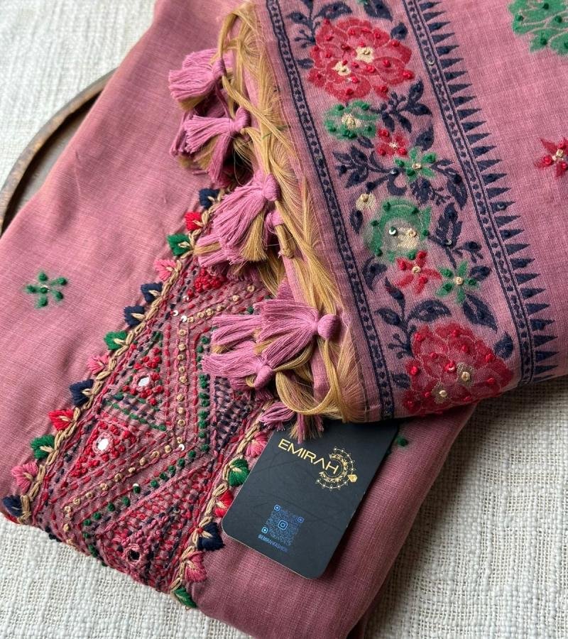 Jamdani Weaving Suit - Rose Pink