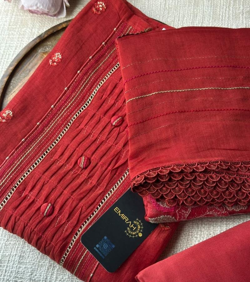 Elegant Mul Chanderi Suit Set with Handcrafted Pintucks & Embroidered Detailing - Mixed Colors