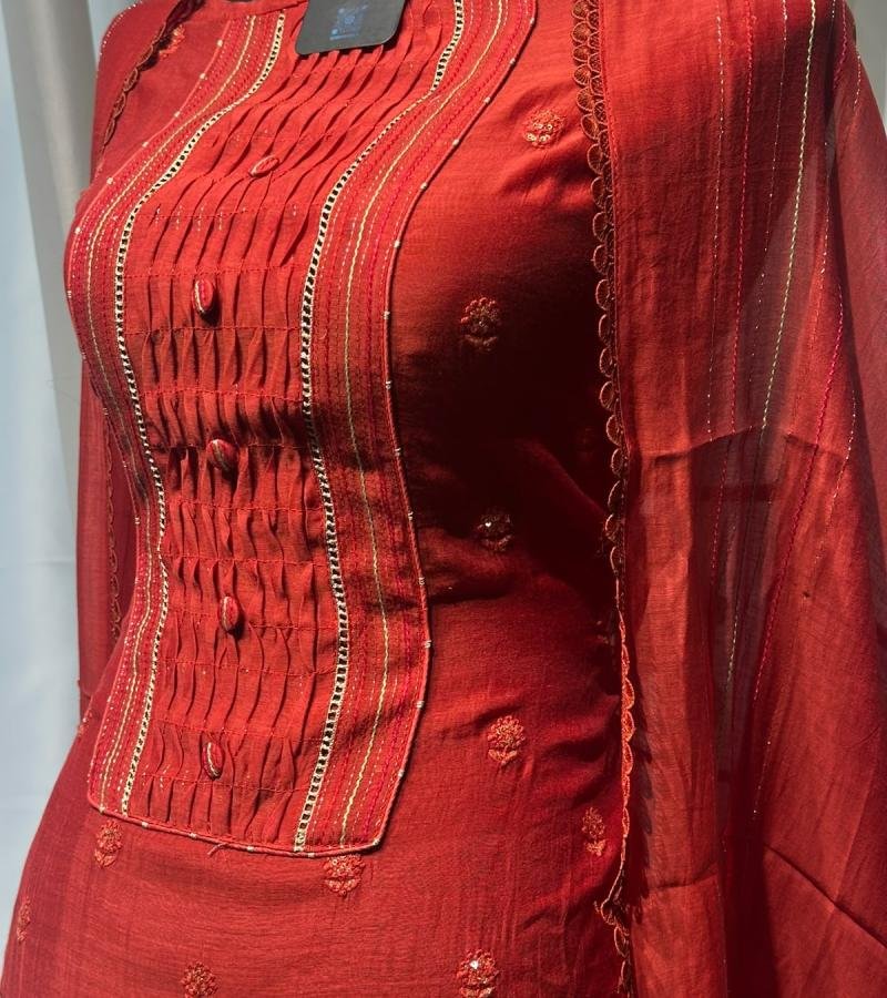 Elegant Mul Chanderi Suit Set with Handcrafted Pintucks & Embroidered Detailing - Mixed Colors