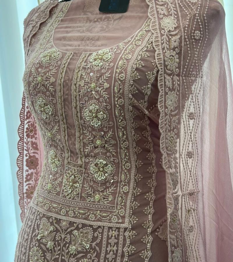 Elegant Georgette Suit with Intricate Hand Embroidery - Rose Pink