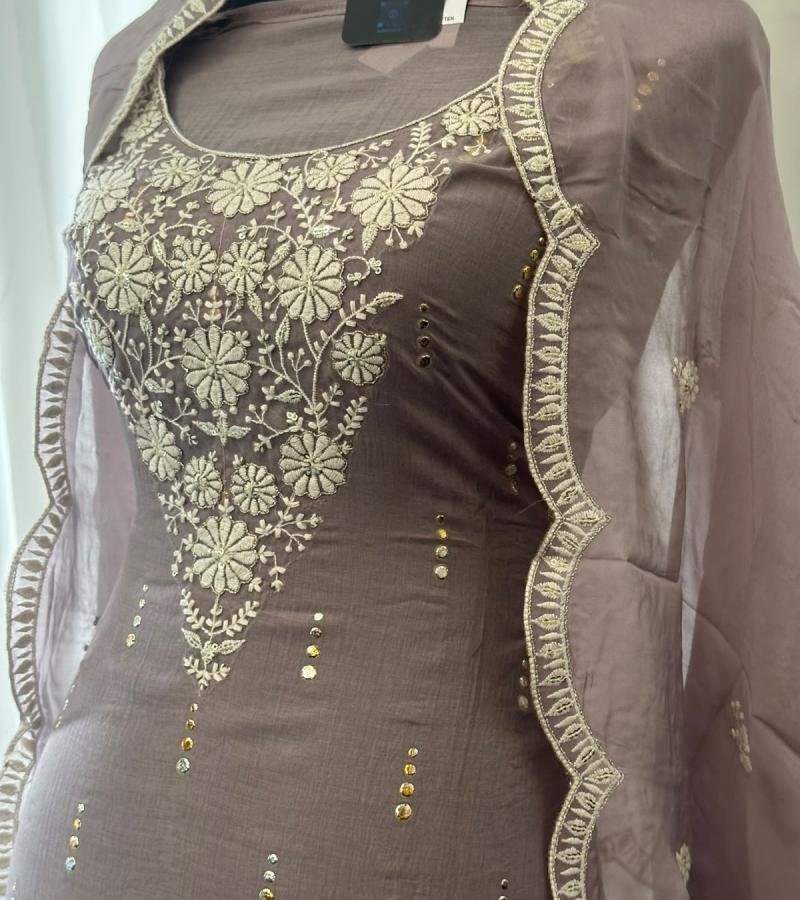 Elegant Mul Chanderi Suit with Floral Embroidery & Sequin Detailing - Mixed Colors