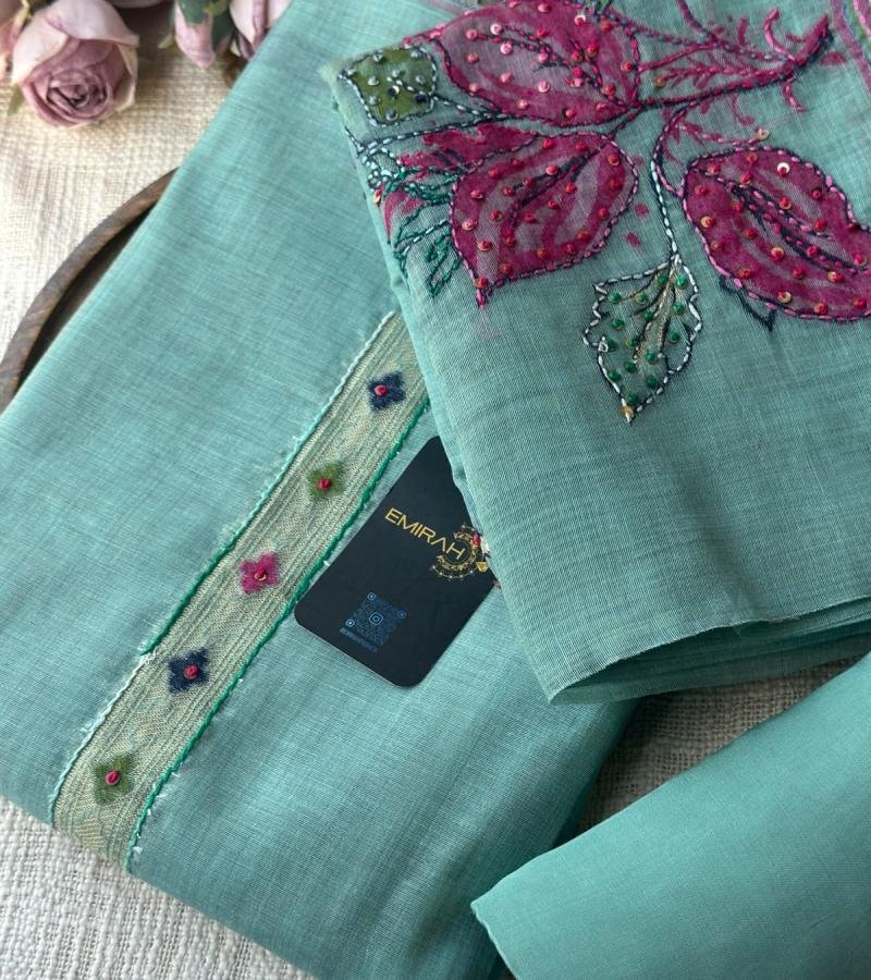 Elegant Chanderi Suit with Jamdani Weaving & Hand Embellished Detailing - Mixed Colors