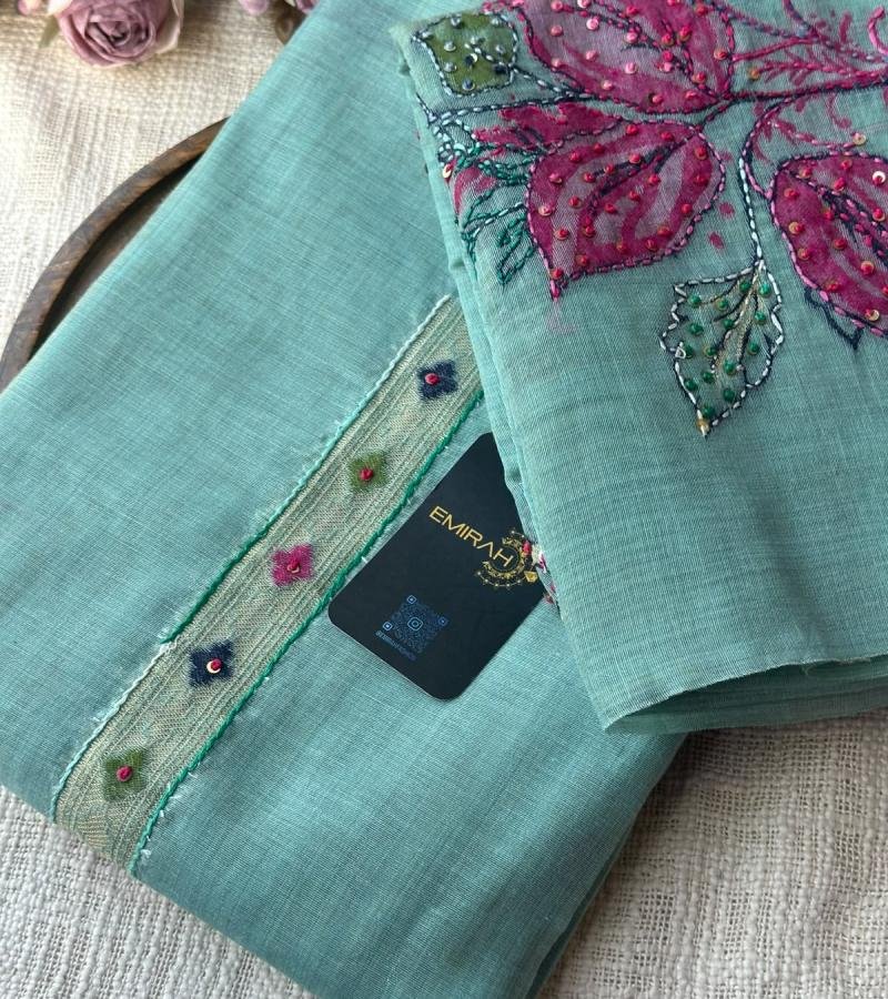 Elegant Chanderi Suit with Jamdani Weaving & Hand Embellished Detailing - Mixed Colors