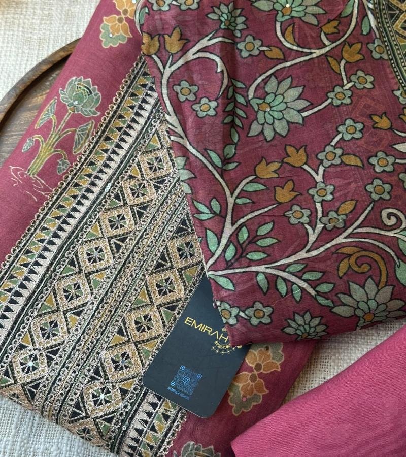 Elegant Muslin Silk Suit with Floral Print & Embroidered Detailing - Mixed Colors