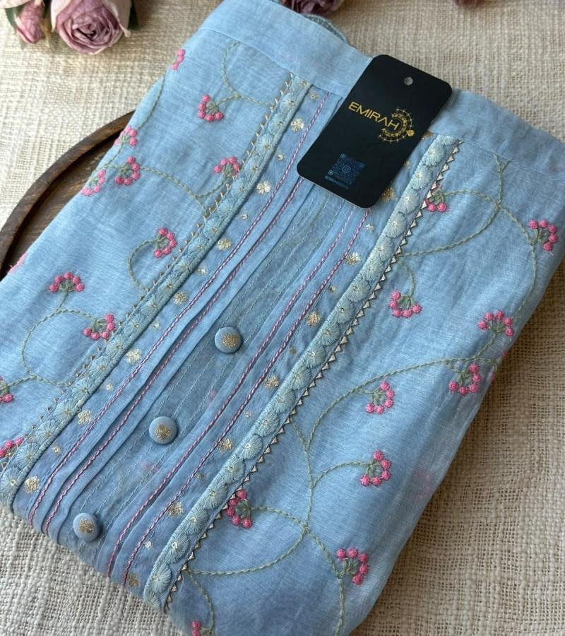 Elegant Mul Chanderi Suit with Delicate Floral Embroidery - Royal Blue