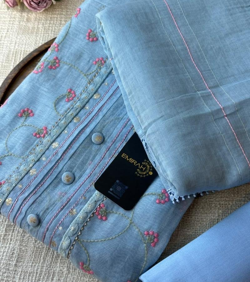 Elegant Mul Chanderi Suit with Delicate Floral Embroidery - Royal Blue