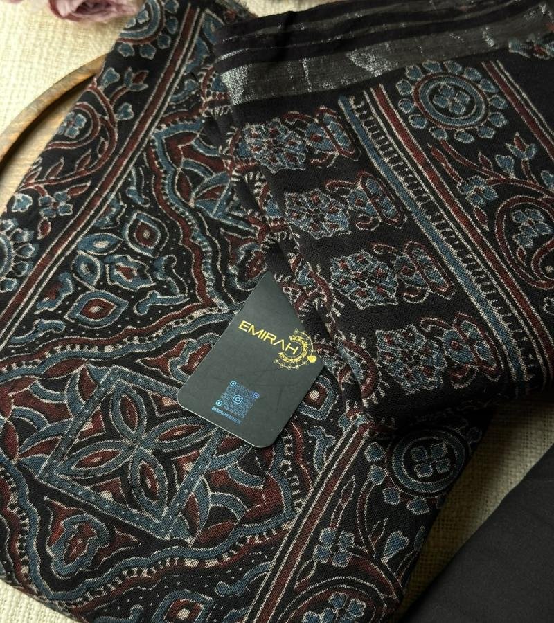 Linen Ajrakh Suit Set - Jet Black