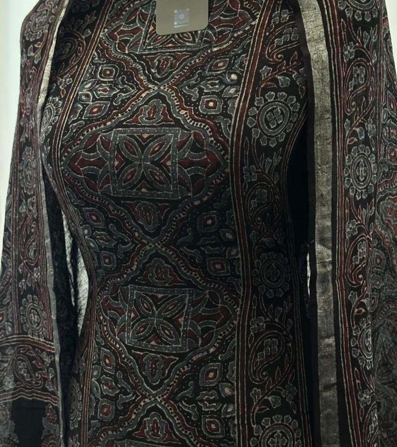 Linen Ajrakh Suit Set - Jet Black