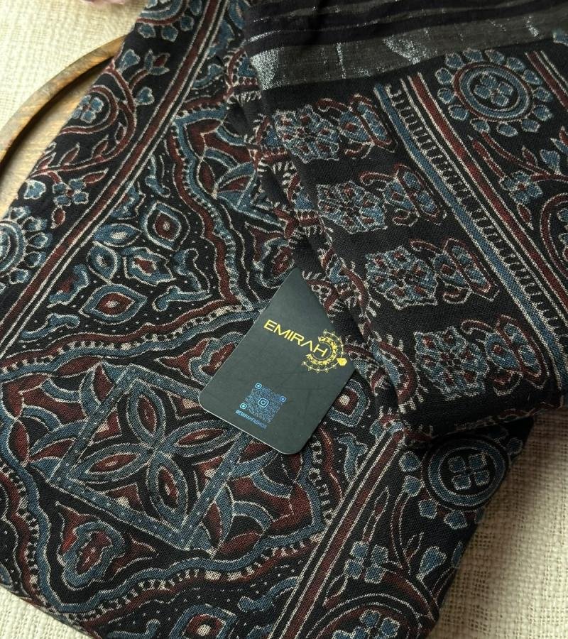 Linen Ajrakh Suit Set - Jet Black