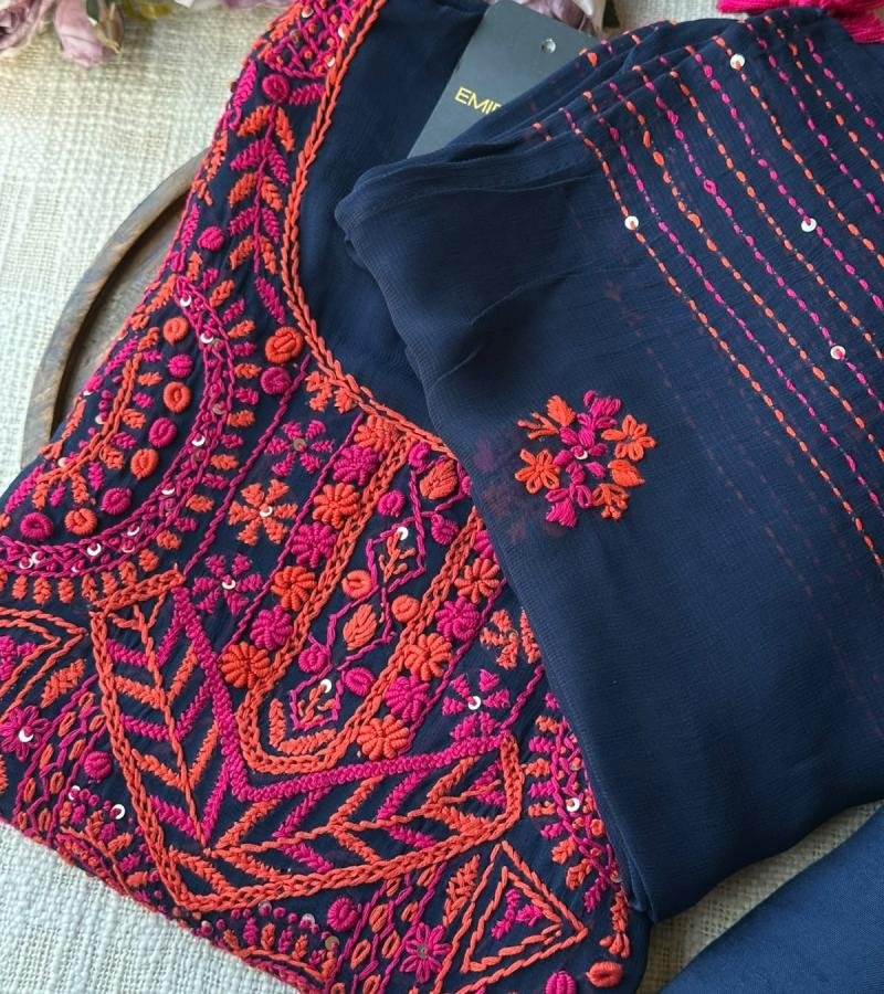 Premium Georgette Embroidered Suit Set - Jet Black