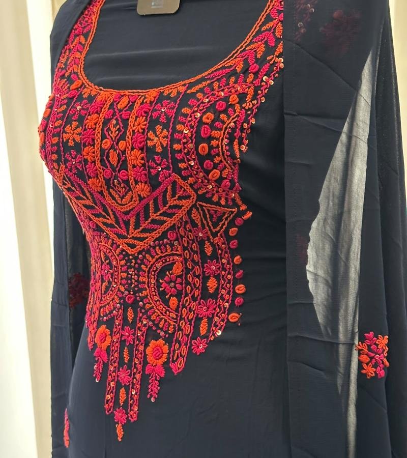 Premium Georgette Embroidered Suit Set - Jet Black