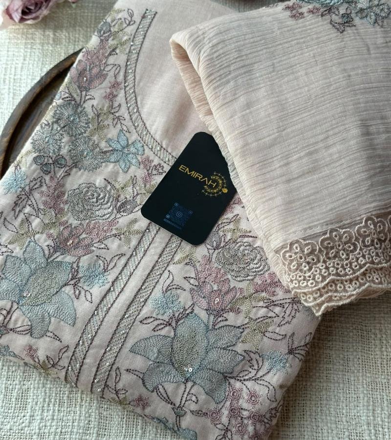 Premium Linen Embroidered Suit  - Rose Pink