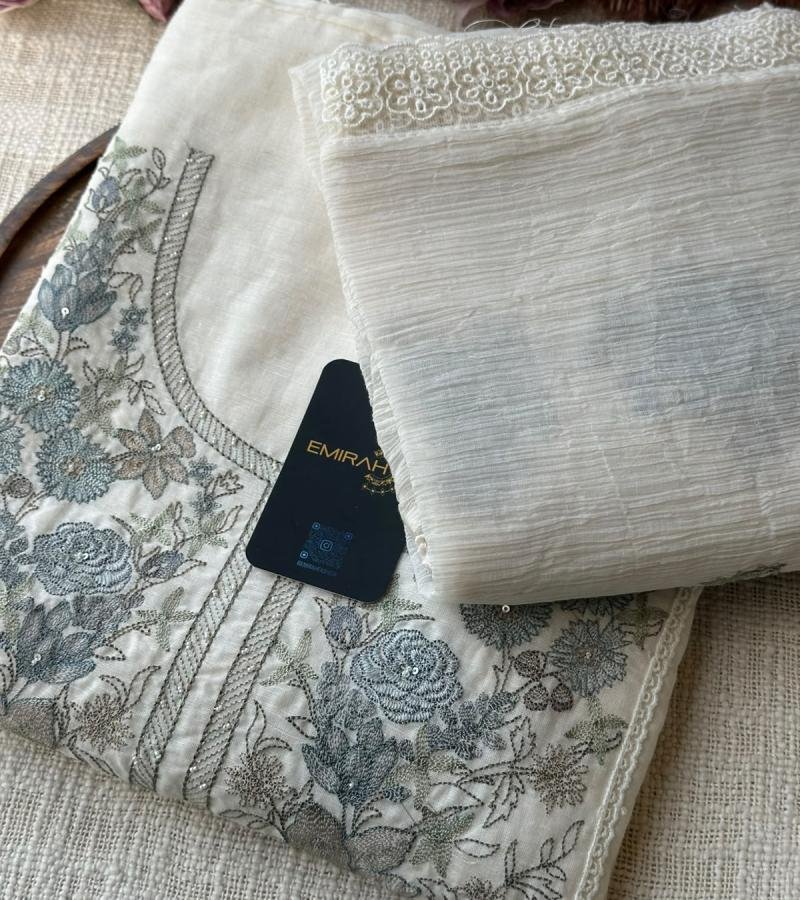 Premium Linen Embroidered Suit  - Charcoal Grey