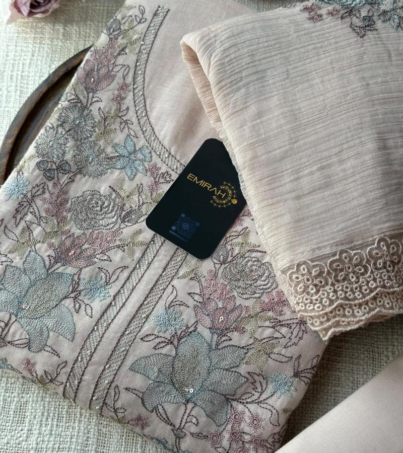 Premium Linen Embroidered Suit  - Rose Pink