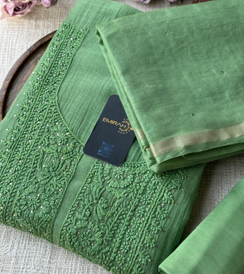 Elegant Mul Chanderi Suit Set - Emerald Green